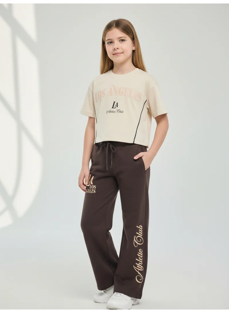 Victor And Jane  Girls 2 Pc Set Los Angeles Print T-Shirt & Wide-Leg Pants Set – Beige & Brown for Women | Best Price UAE